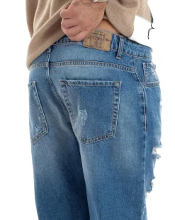 Jeans Uomo Con Rotture Stone Washed Pantaloni Cinque Tasche Cotone Casual Lavaggio Medio Denim GIOSAL-JS1058A