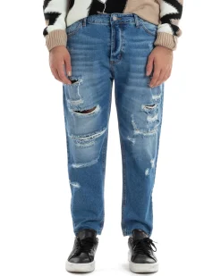 Jeans Uomo Con Rotture Stone Washed Pantaloni Cinque Tasche Cotone Casual Lavaggio Medio Denim GIOSAL-JS1058A