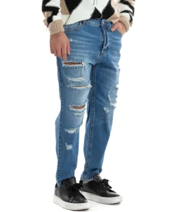 Jeans Uomo Con Rotture Stone Washed Pantaloni Cinque Tasche Cotone Casual Lavaggio Medio Denim GIOSAL-JS1058A