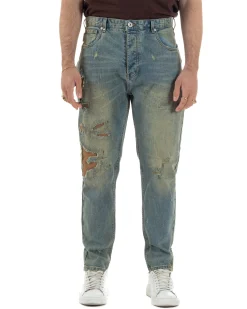 Jeans uomo cropped fit destroyed con toppe vintage sabbiato denim BERNA M-261279