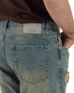 Jeans uomo cropped fit destroyed con toppe vintage sabbiato denim BERNA M-261279