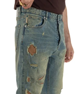 Jeans uomo cropped fit destroyed con toppe vintage sabbiato denim BERNA M-261279