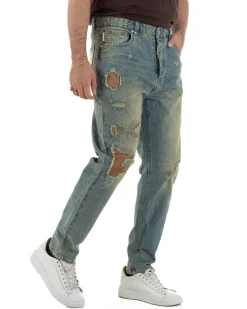 Jeans uomo cropped fit destroyed con toppe vintage sabbiato denim BERNA M-261279