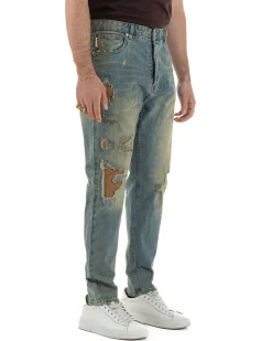 Jeans uomo cropped fit destroyed con toppe vintage sabbiato denim BERNA M-261279