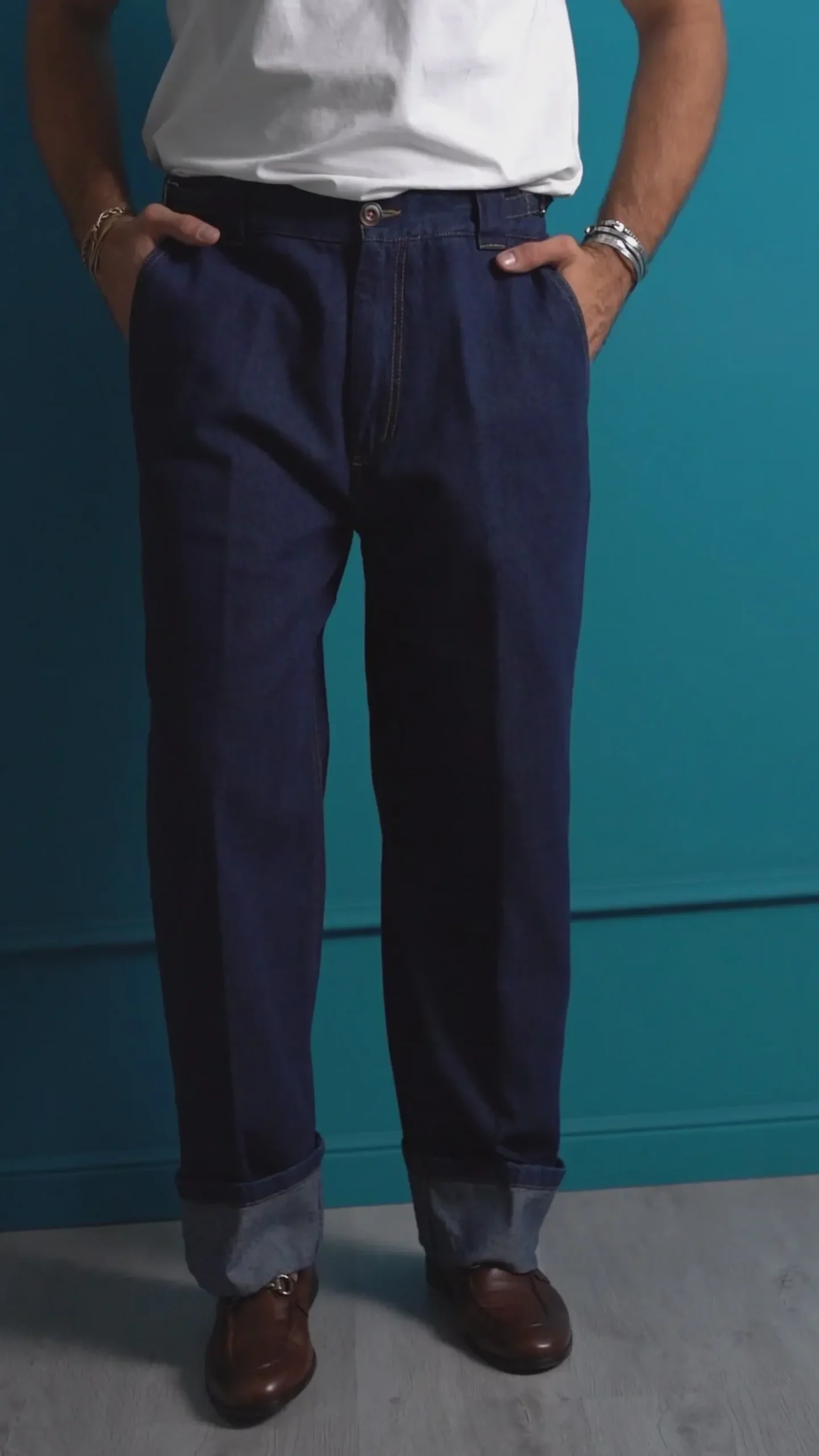 Jeans Uomo Gurkha Pants Baggy Pantaloni Fibbie Denim Scuro Berna M-252122