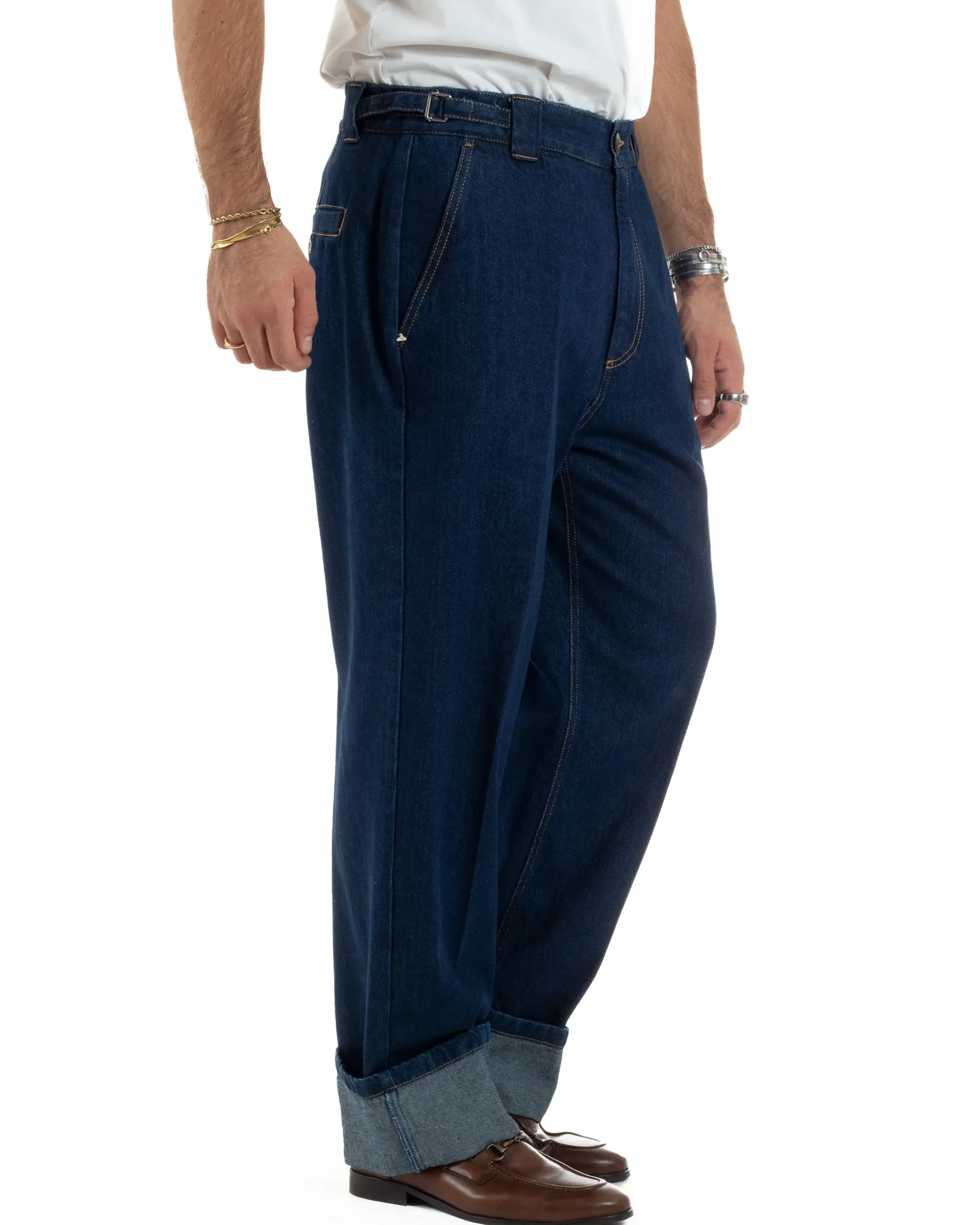 Jeans Uomo Gurkha Pants Baggy Pantaloni Fibbie Denim Scuro Berna M-252122