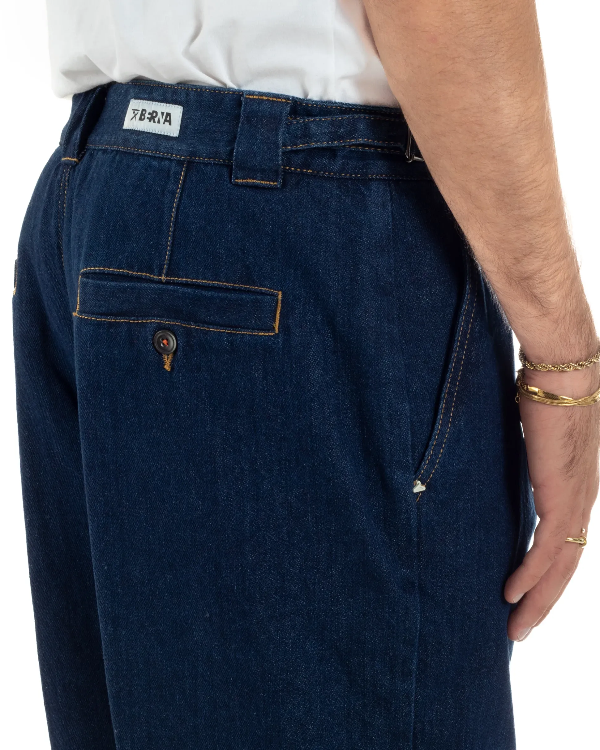 Jeans Uomo Gurkha Pants Baggy Pantaloni Fibbie Denim Scuro Berna M-252122