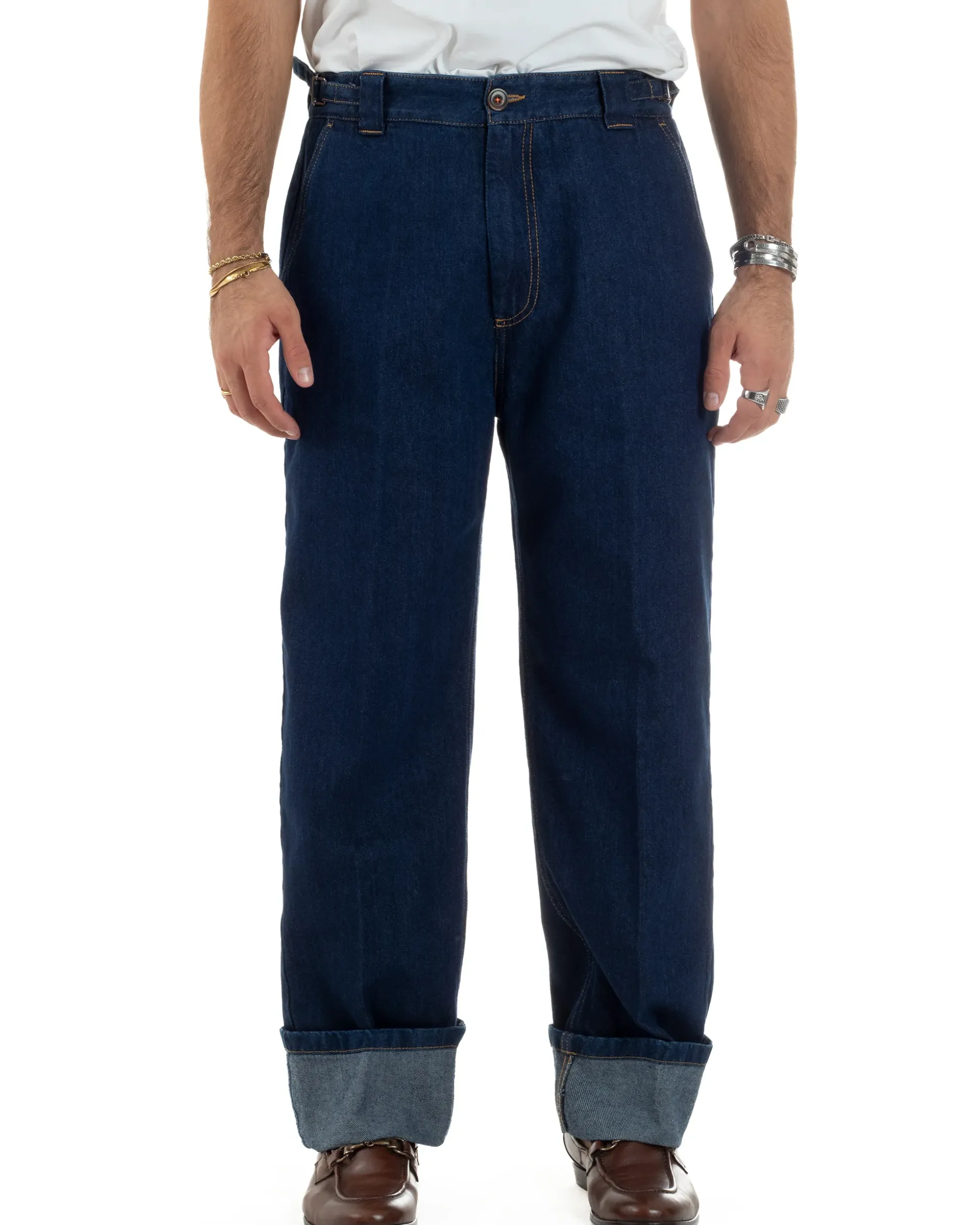 Jeans Uomo Gurkha Pants Baggy Pantaloni Fibbie Denim Scuro Berna M-252122
