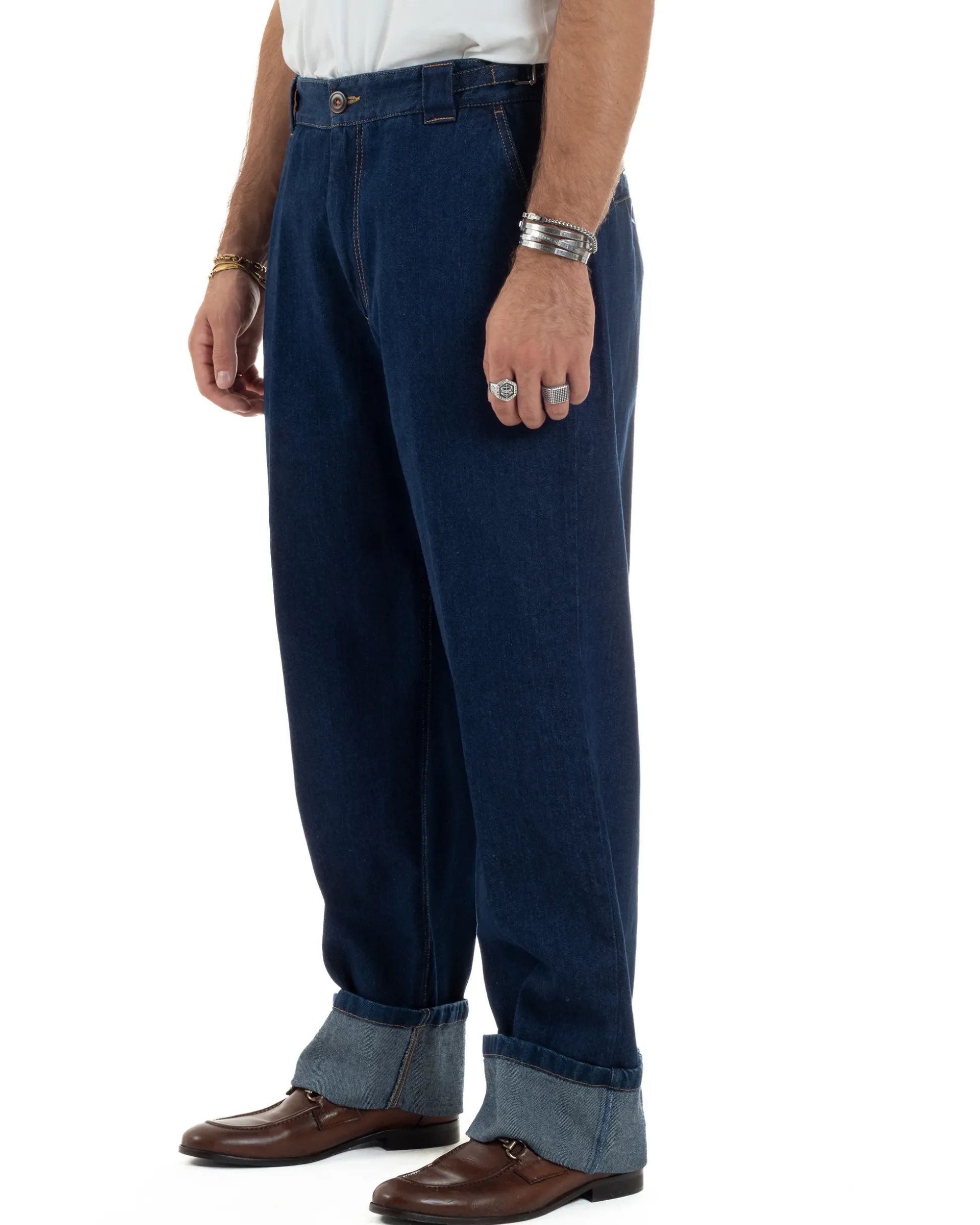 Jeans Uomo Gurkha Pants Baggy Pantaloni Fibbie Denim Scuro Berna M-252122