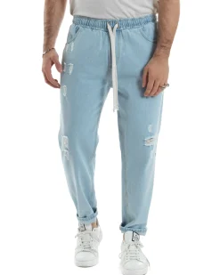 Jeans Uomo Jogger Loose Fit Pantalaccio Con Rotture Denim Chiaro JS1083A