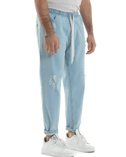 Jeans Uomo Jogger Loose Fit Pantalaccio Con Rotture Denim Chiaro JS1083A