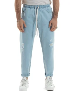 Jeans Uomo Jogger Loose Fit Pantalaccio Con Rotture Denim Chiaro JS1083A
