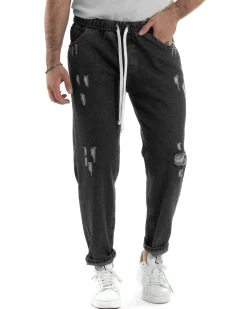 Jeans Uomo Jogger Loose Fit Pantalaccio Con Rotture Denim Nero JS1084A