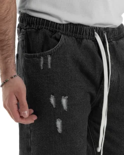 Jeans Uomo Jogger Loose Fit Pantalaccio Con Rotture Denim Nero JS1084A