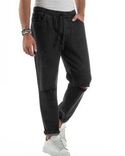 Jeans Uomo Jogger Taglio Ginocchio Basic Pantalaccio Loose Fit Denim Nero JS1132A