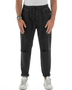Jeans Uomo Jogger Taglio Ginocchio Basic Pantalaccio Loose Fit Denim Nero JS1132A