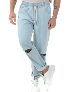 Jeans Uomo Jogger Taglio Ginocchio Basic Pantalaccio Loose Fit Denim Chiaro JS1095A