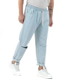 Jeans Uomo Jogger Taglio Ginocchio Basic Pantalaccio Loose Fit Denim Chiaro JS1095A