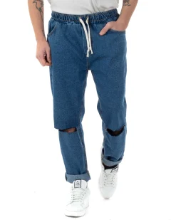 Jeans Uomo Jogger Taglio Ginocchio Basic Pantalaccio Loose Fit Denim Scuro JS1096A