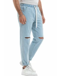 Jeans Uomo Jogger Taglio Ginocchio Basic Pantalaccio Loose Fit Denim Medio JS1112A
