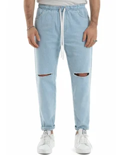 Jeans Uomo Jogger Taglio Ginocchio Basic Pantalaccio Loose Fit Denim Medio JS1112A