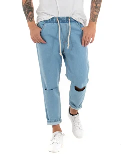 Jeans Uomo Jogger Taglio Ginocchio Basic Pantalaccio Loose Fit Denim Medio P4079A