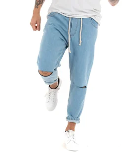 Jeans Uomo Jogger Taglio Ginocchio Basic Pantalaccio Loose Fit Denim Medio P4079A