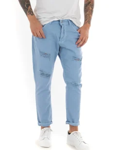 Jeans Uomo Loose Fit Pantaloni Con Rotture Casual Basic Azzurro P4089A