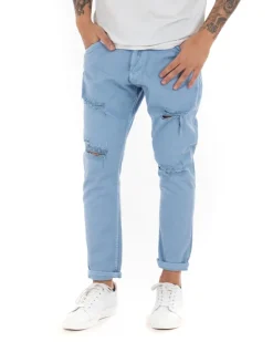 Jeans Uomo Loose Fit Pantaloni Con Rotture Casual Basic Azzurro P4089A
