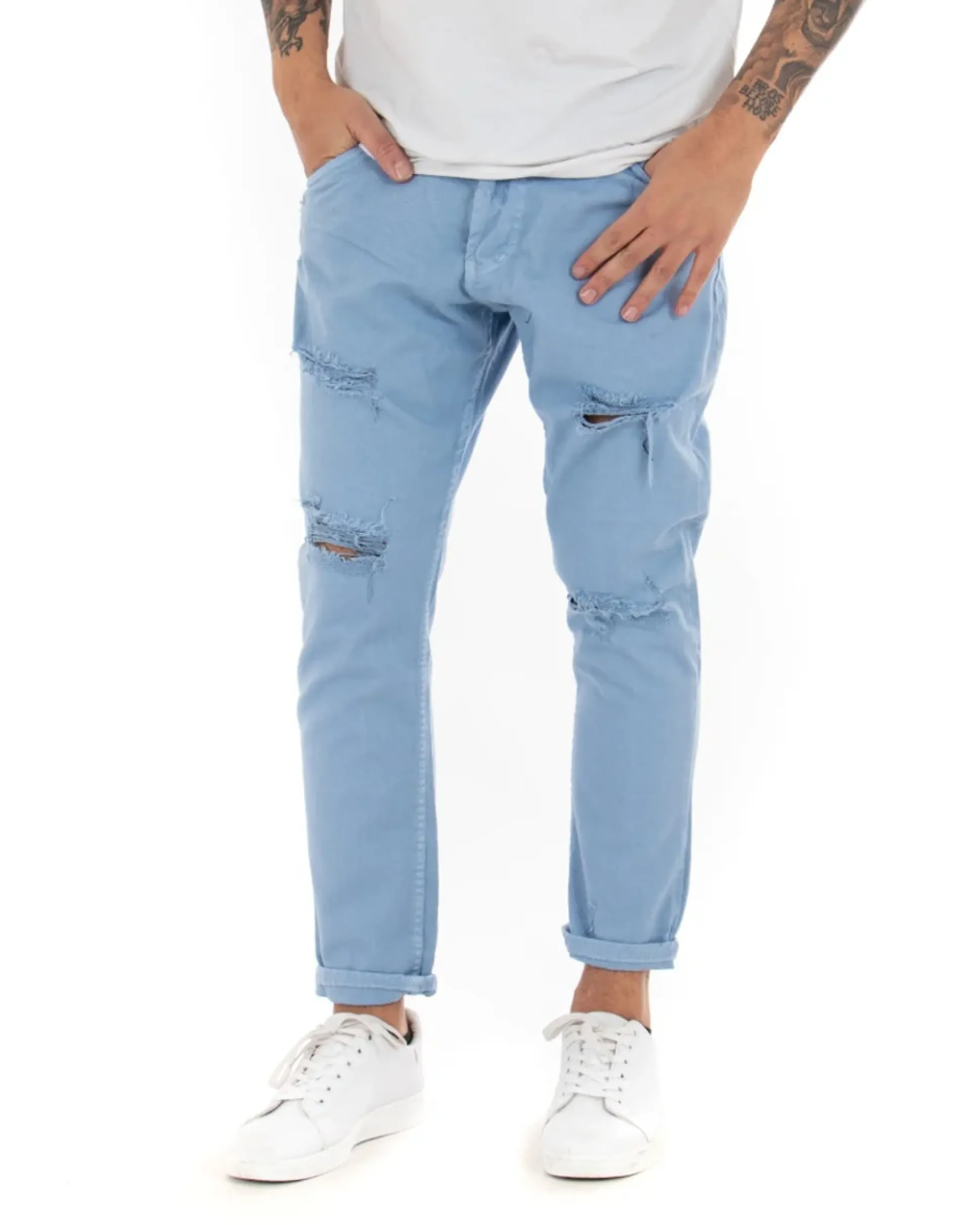 Jeans Uomo Loose Fit Pantaloni Con Rotture Casual Basic Azzurro P4089A