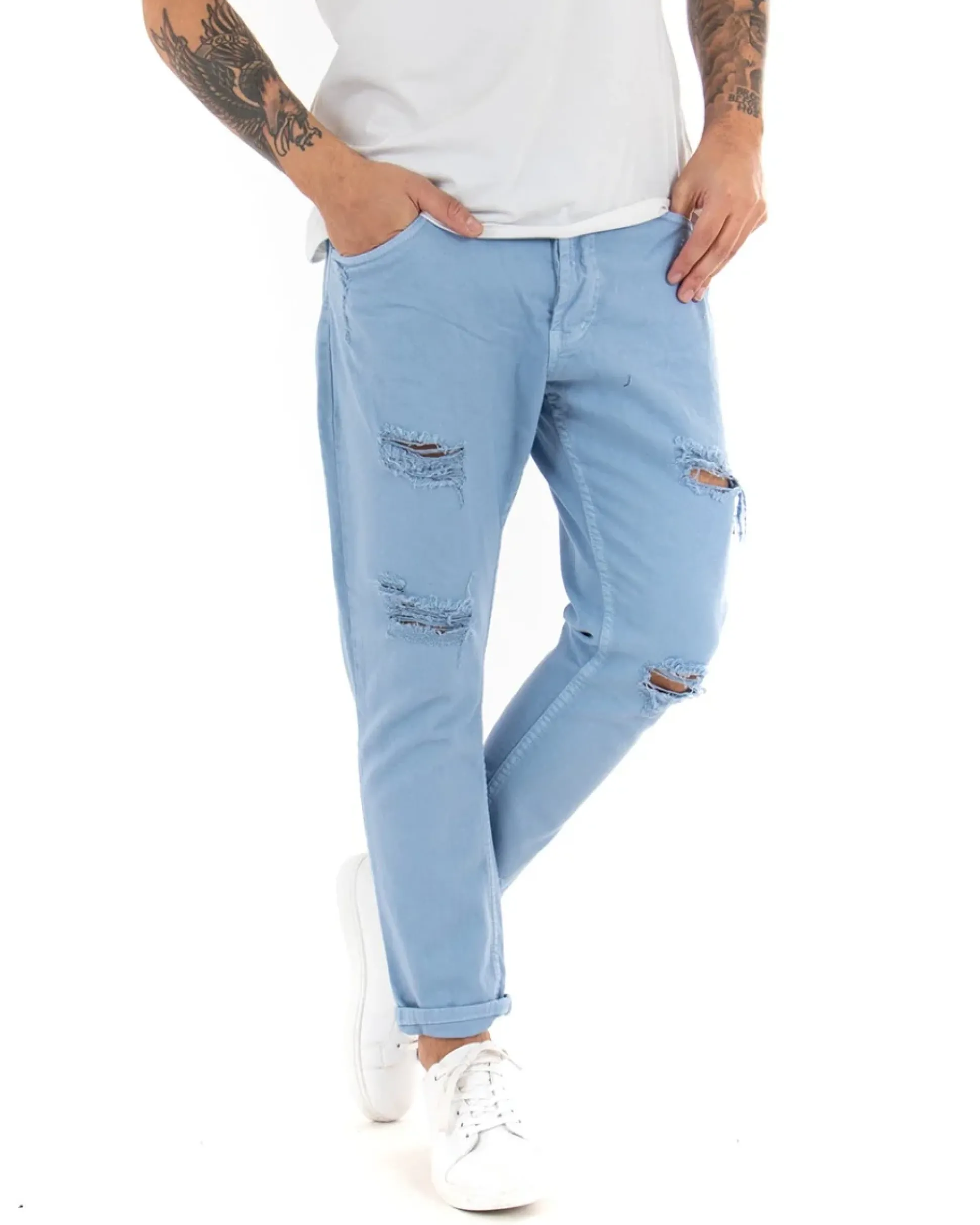 Jeans Uomo Loose Fit Pantaloni Con Rotture Casual Basic Azzurro P4089A