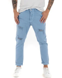 Jeans Uomo Loose Fit Pantaloni Con Rotture Casual Basic Azzurro P4089A