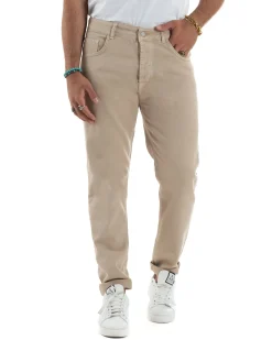 Jeans Uomo Loose Fit Pantaloni Cotone Casual Basic Beige JS1113A