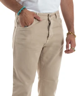 Jeans Uomo Loose Fit Pantaloni Cotone Casual Basic Beige JS1113A