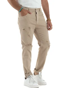 Jeans Uomo Loose Fit Pantaloni Con Rotture Casual Basic Beige JS1107A