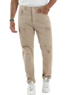 Jeans Uomo Loose Fit Pantaloni Con Rotture Casual Basic Beige JS1107A