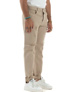 Jeans Uomo Loose Fit Pantaloni Con Rotture Casual Basic Beige JS1107A