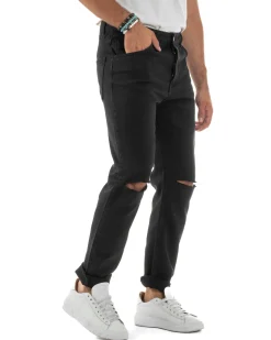 Jeans Uomo Loose Fit Pantaloni Taglio Ginocchio Casual Basic Nero JS1135A