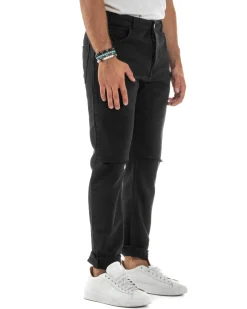 Jeans Uomo Loose Fit Pantaloni Taglio Ginocchio Casual Basic Nero JS1135A