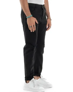 Jeans Uomo Loose Fit Pantaloni Con Rotture Casual Basic Nero JS1109A