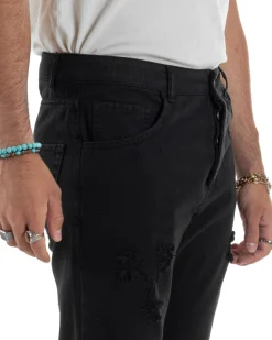 Jeans Uomo Loose Fit Pantaloni Con Rotture Casual Basic Nero JS1109A