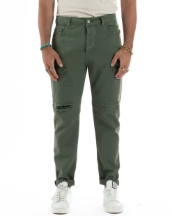 Jeans Uomo Loose Fit Pantaloni Con Rotture Casual Basic Verde JS1110A