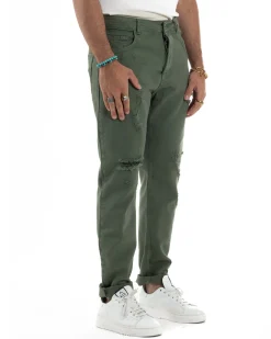 Jeans Uomo Loose Fit Pantaloni Con Rotture Casual Basic Verde JS1110A