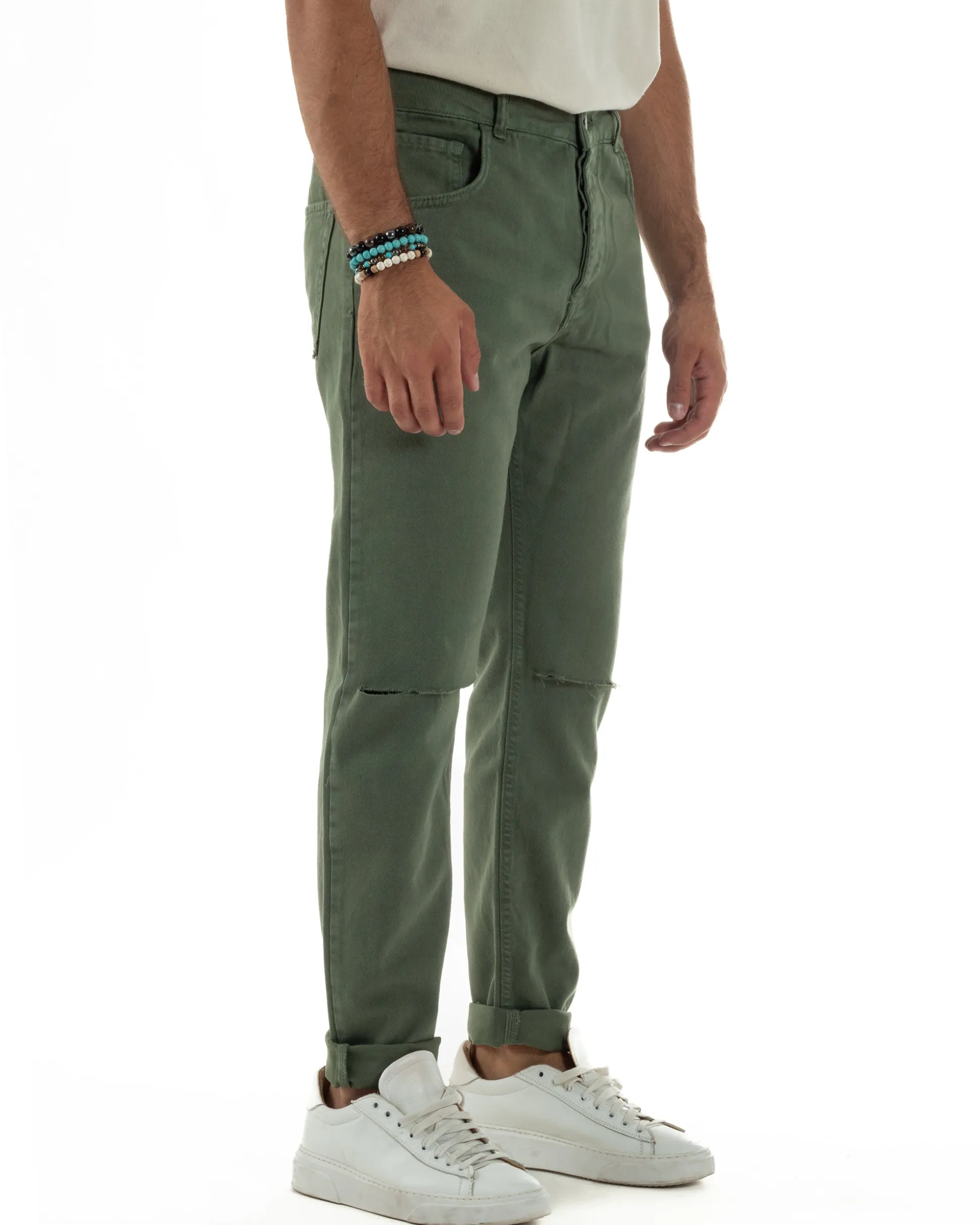 Jeans Uomo Loose Fit Pantaloni Taglio Ginocchio Casual Basic Verde JS1136A
