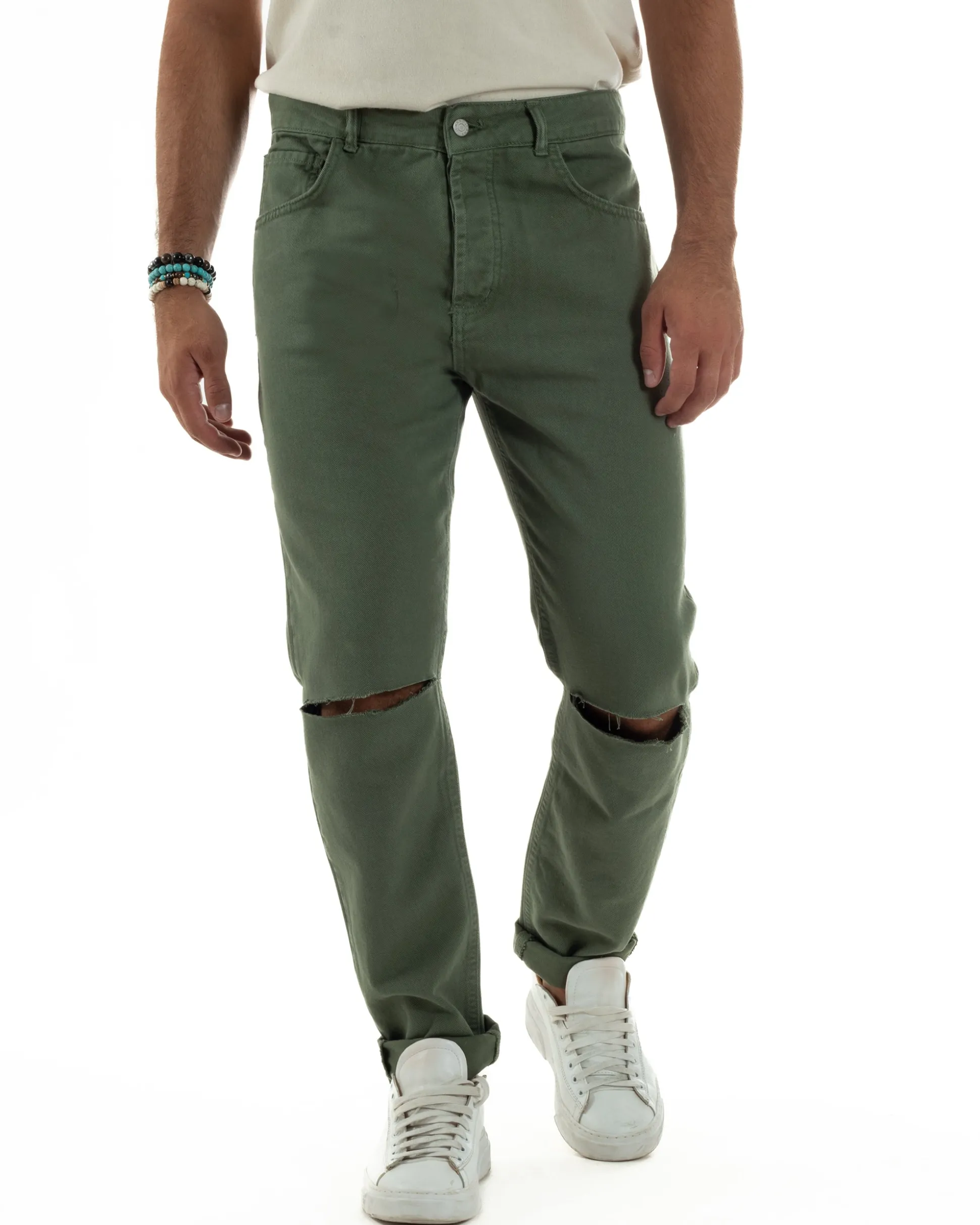 Jeans Uomo Loose Fit Pantaloni Taglio Ginocchio Casual Basic Verde JS1136A