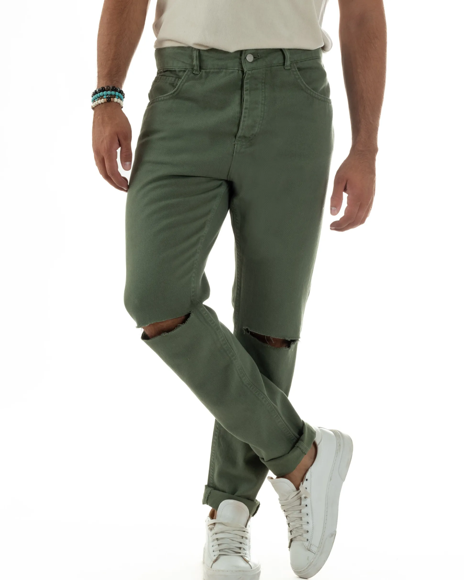 Jeans Uomo Loose Fit Pantaloni Taglio Ginocchio Casual Basic Verde JS1136A