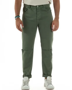 Jeans Uomo Loose Fit Pantaloni Taglio Ginocchio Casual Basic Verde JS1136A
