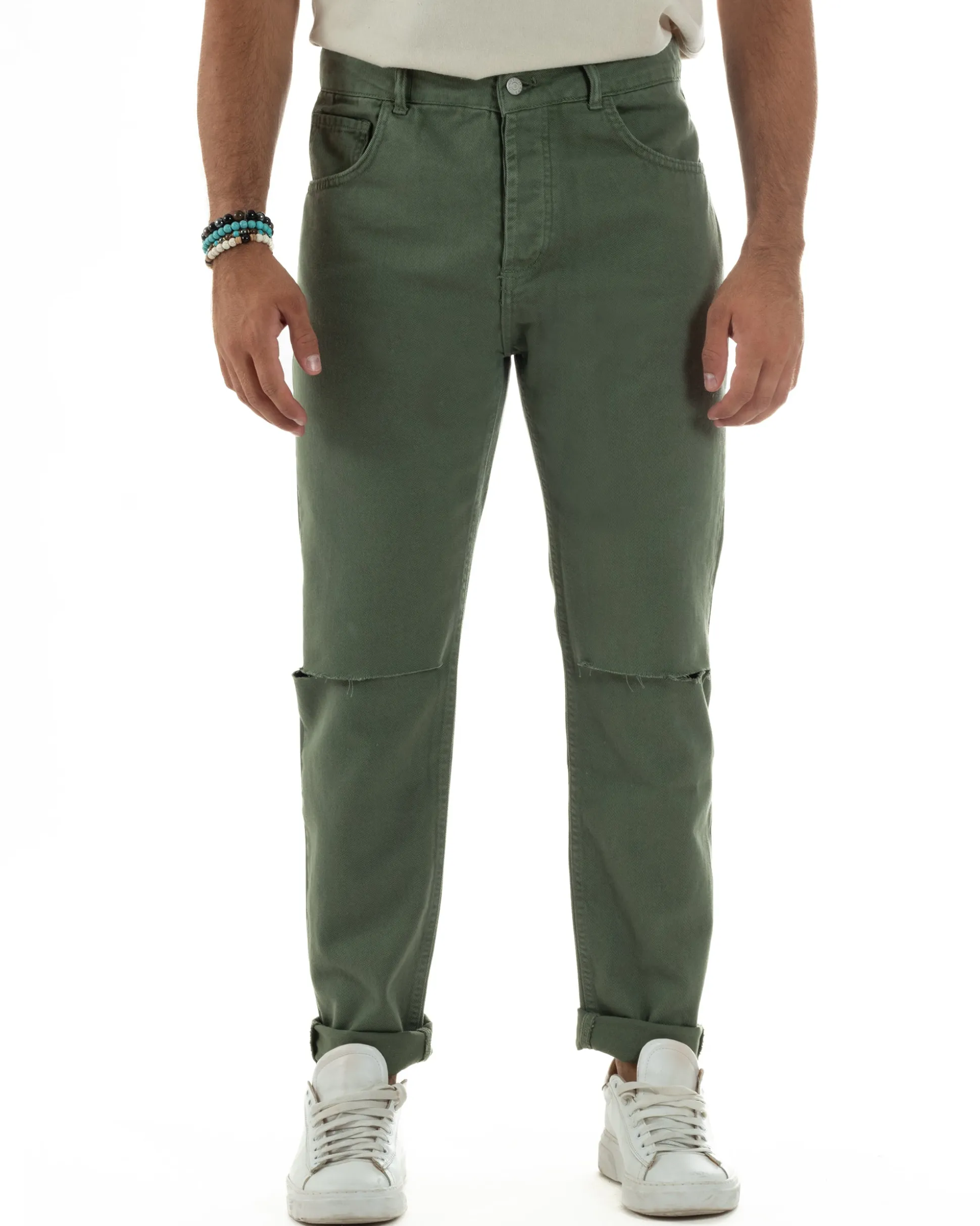 Jeans Uomo Loose Fit Pantaloni Taglio Ginocchio Casual Basic Verde JS1136A