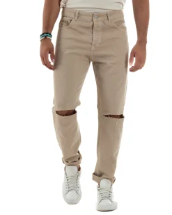 Jeans Uomo Loose Fit Pantaloni Taglio Ginocchio Casual Basic Beige JS1134A