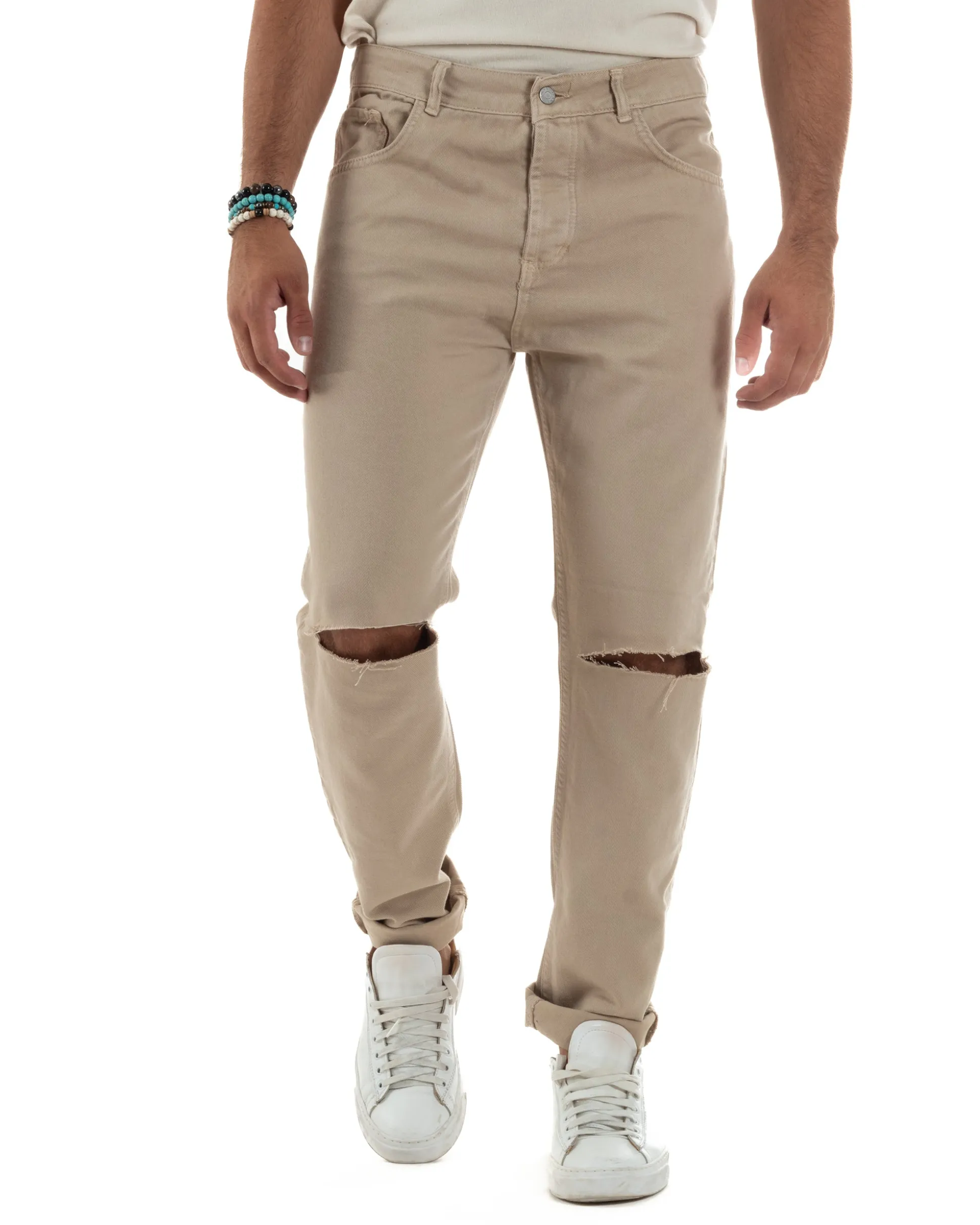 Jeans Uomo Loose Fit Pantaloni Taglio Ginocchio Casual Basic Beige JS1134A